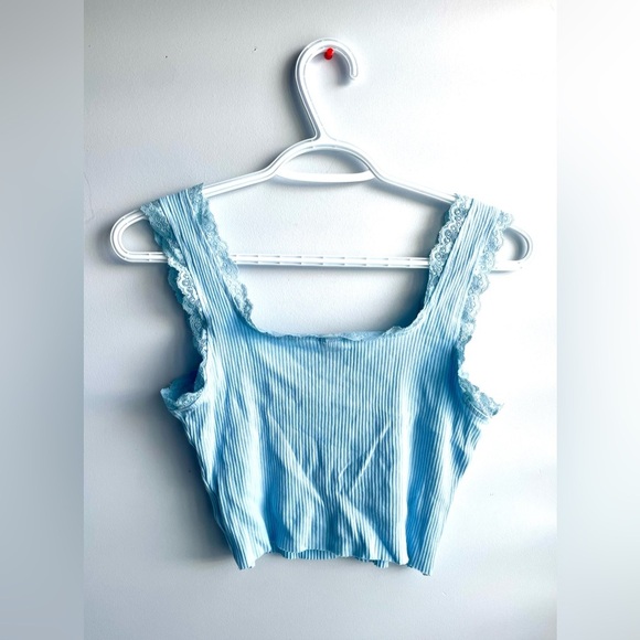 💖(2 for $15)💖 Baby Blue Lace Trim Ribbed Tank Top - Picture 4 of 4